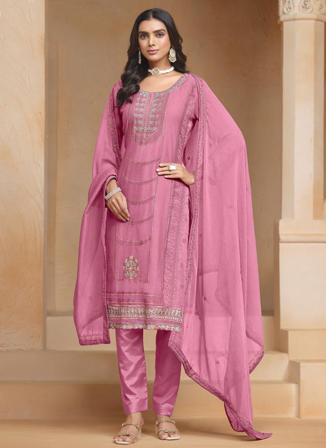 Organza Chiffon Pink Traditional Wear Embroidery Work Straight Suit